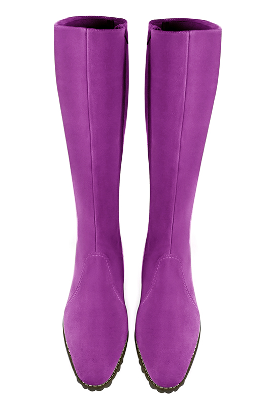 Mauve purple women's riding knee-high boots. Round toe. Medium block heels. Made to measure. Top view - Florence KOOIJMAN